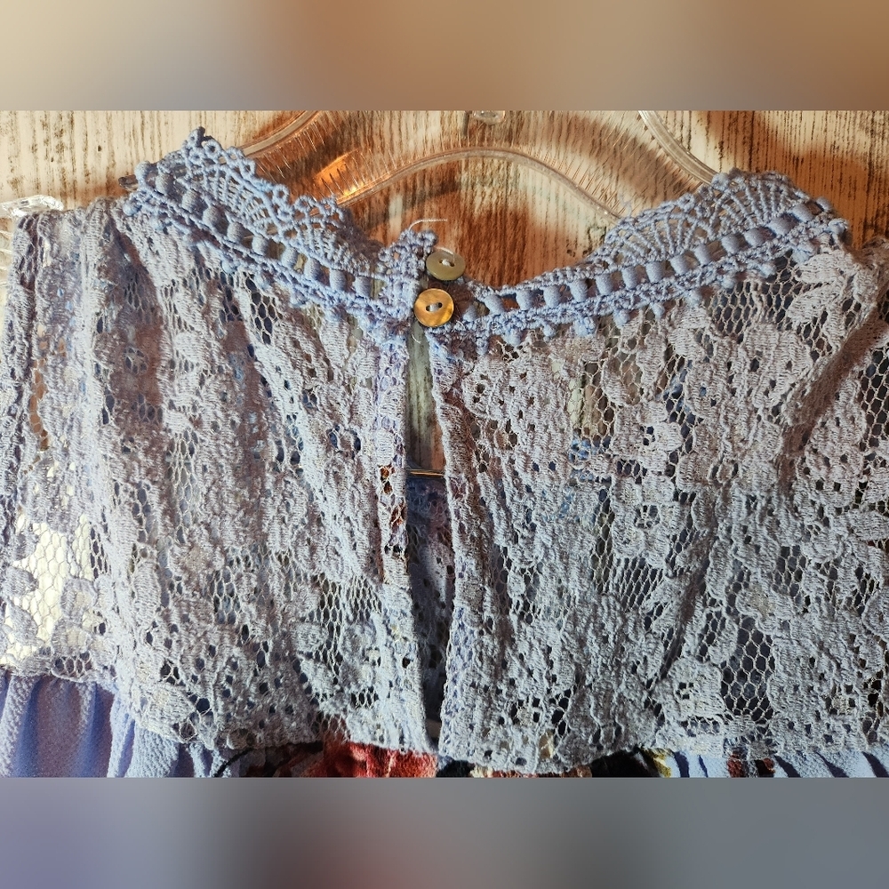 Light Baby Blue Lace Floral Midi Dress - Lavender and Red - Picture 6 of 6